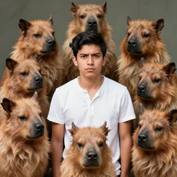 young hispanic man surrounded by angry chiahuahua's photograph 31mm f1.6