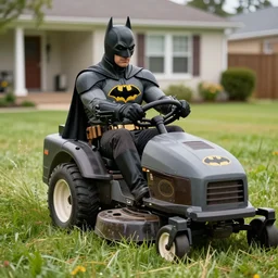 batman driving lawnmower, property with tall grass being mowed, close - up, photograph 4 k