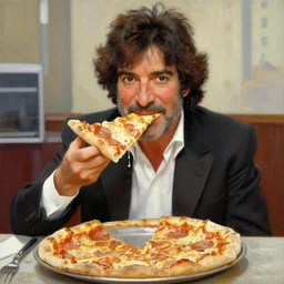 bob ross painting bob ross eating a slice of pizza in new york