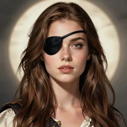 Joshua Middleton comic art, pretty female Phoebe Tonkin, pirate, black eye patch over left eye, evil smile, pirate clothing, long wavy blonde hair, full body:: sunny weather::