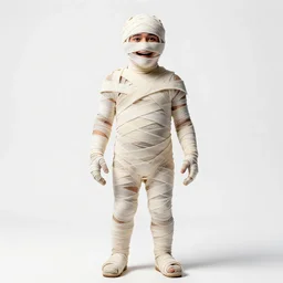 jovial mummy wrapped in bandages, photorealistic portrait photography, full body, standing, isolated on a pure white background, centered, whole figure in frame, sharp focus, studio lighting