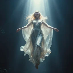 godess of artificial intelligence floating above the humanity, sharp focus, god rays, volumetric light, by rozalski, by wayne barlowe, cinematic, light from above, cinematic shot, megalophobia