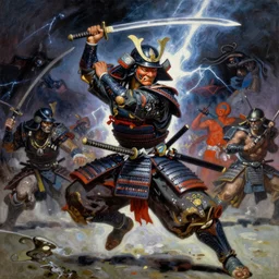 A full portrait oil painting of a godlike and psychedelic helmeted and masked Samurai holding a katana above his head an running into battle, japanese god of war armor, by Frank Frazetta, Greg Rutkowski, Boris Vallejo, epic fantasy character art, Exquisite detail, post-processing, low angle, masterpiece, cinematic, lightning