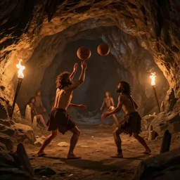 matte painting of cavemen playing basketball inside cave at night, cave lit by torch light, stalagmites