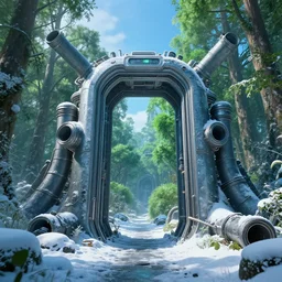 frozen derelict portal in a middle of a snowy lush futuristic forest, engine tubes around the portal, green lush world seen only through a portal, daylight, cinematic lighting, blue sky, syd mead, john harris