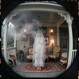 kodak portra 4 0 0, wetplate, fisheye, award - winning portrait by britt marling, 1 9 2 0 s outside porch, ghost, picture frames, shining lamps, dust, smoke, 1 9 2 0 s furniture, wallpaper, carpet, books, muted colours, wood, fog,