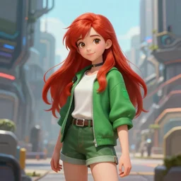 beautiful cute red haired eighteen year old young girl standing up, casual green clothing, long hair, cyberpunk city, cute face, slightly smiling, rpg character, sci - fi, intricate, elegant, digital painting, artstation, concept art, smooth, 8 k frostbite 3 engine, ultra detailed, art by artgerm and greg rutkowski and magali villeneuve