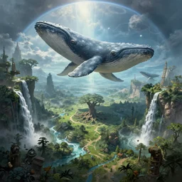 Fantasy overgrown world overview, planet, giant whale floating, waterfalls, ancient tree, Greg Rutkowski, Frank Frazetta, Kim Jung Gi, trending on Artstation, 8K, ultra wide angle, pincushion lens effect, zenith view