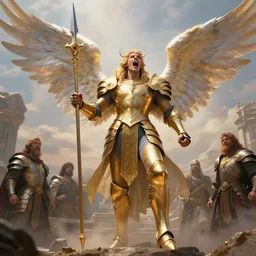 dynamic fullbody portrait of a powerful magical warrior screaming to the sky, armed with elaborate spear, angelic wings, golden armor, well lit, by greg rutkowski and gaston bussiere and craig mullins and j. c. leyendecker, volumetric lighting, hd