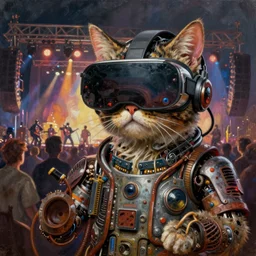 rocknroll concert, cybertronic gadgets and vr helmet, flesh + technology, durty colours, long shot, rotten textures, rusty shapes, biotechnology, norman rockwell, tim hildebrandt, dariusz zawadzki, bruce pennington, larry elmore, hyperrealistic oil painting on cat, deep depth field, и masterpiece, cinematic composition, hyper - detailed, hd, hdr