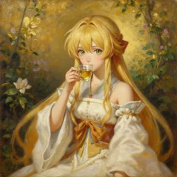oil painting of elegantly dressed touhou character drinking tea in a dreamy garden, beautiful symmetrical face and body, rule of thirds, golden ratio, oil on canvas, highly detailed, warm color scheme art rendition, soft lighting, sharp focus, unique art rendition by adelaide labille - guiard, artemisia gentileschi