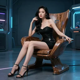 beautiful woman sitting on futuristic cyberpunk wooden chair high end photoshoot