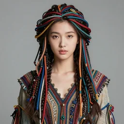 portrait of pretty woman, hair made by colorful cables, intrincate dress, ornated