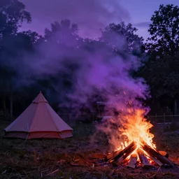 orc camp bonfire purple fog nighttime