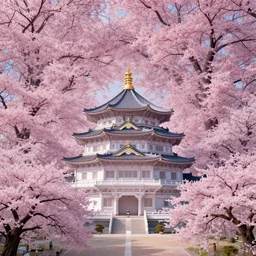 a hyper - realistic ultra - detailed kenchiku palace with endless fractal cherry blossom trees by takato yamamoto and giovanni paolo panini and kris kuksi and mandelbrot. subject in view, symmetrical composition f 1 1 : 6 volumetric lighting, dynamic light, moonlighting, dynamic lighting, starry background, micro details, 8 k, 3 d render, trending on artstation and cgsociety
