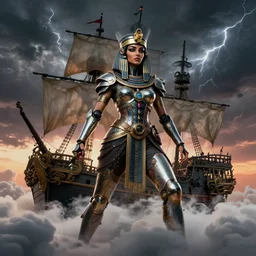 dynamic! middle portrait of a biblical diabolical pirate female pharaoh, stylish cyborg armor, on a pirate ship, in clouds, strong studio lights, thunder, storm, sunset, by gerald brom, by mikhail vrubel, by peter elson, high contrast, muted colors, extreme detail, mirrors, trending on artstation, 8 k