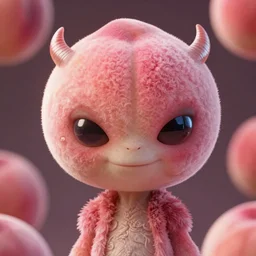 an alien with a face that looks like a fuzzy peach the peach is fuzzy pink warm and ripe the alien has horns and a mean smile, 4k, highly detailed, high quality, amazing