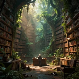a decaying old sci - fi library from isaac asimov's foundation with a rainforest growing inside highly detailed intricate detail magical lighting dramatic scenery beautiful 3 d render dramatic lighting, sunrise, global illumination, trending on artstation, bloom