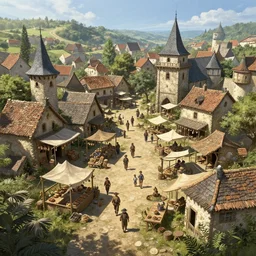 concept art, a beautiful highly detailed display of a fantasy small medieval open exterior market of a small town, poor, small, bright, noon light, realistic daylight lighting poster by artgerm