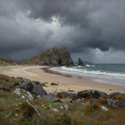 beautiful oil painting of dramatic weather over Luskentyre beach, Isle of Harris Scotland