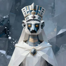 portrait lemurian priestess with long neck and hands geometric headdress and mask, winter snow ice, low poly, white cloth mantia, concept art, abstract background, by boris vallejo, deak ferrand, and greg rutkowski and rhads