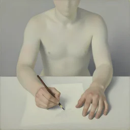 minimal painting of seated figure with big hands. in the style of ivon hitchins and john craxton. still life on a table. studio lighting. large hands drawing on painting, brush marks. holding