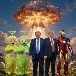dark souls, teletubbies, donald trump, iron man, nuclear bomb, mushroom cloud, by caspar david friedrich