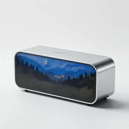 ( modern clock radio ) designed by apple, studio photo, white backdrop, studio light, solid works, octane render, macro shot, in focus, dept of field, silver, blue, black design