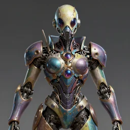low angle shot of a cyberpunk gazmask multicolored robot character, intricate, elegant, highly detailed, centered, digital painting, artstation, concept art, smooth, sharp focus, illustration, artgerm, Tomasz Alen Kopera, Peter Mohrbacher, donato giancola, Joseph Christian Leyendecker, WLOP, Boris Vallejo