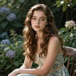 a beautiful portrait of Natalia Dyer sitting in a stunning garden, Artgerm, hyperdetailed, realistic