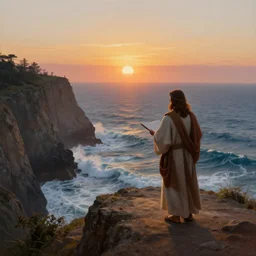 a stunning matte landscape painting of jesus of nazareth giving a sermon on a cliff, facing away from the camera watching the sunrise over the ocean, turbulent ocean in the background, sunrise, intricate, elegant, highly detailed, artstation, ultra sharp focus, octane render, volumetric lighting, art by greg rutkowski and rembrandt