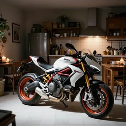 huge ducati panigrale motorbike, crammed into cluttered cozy kitchen, darkroom, candles, chairs and tables, white tile on the floor, overexposed, by paolo pellegrin, by trent parke, prize winning photo, cinematic