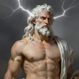 painted portrait of rugged zeus, god of thunder, greek god, white hair, masculine, mature, handsome, upper body, muscular, torso, fantasy, intricate, elegant, highly detailed, digital painting, artstation, concept art, smooth, sharp focus, illustration, art by gaston bussiere and alphonse mucha, greg rutkowski