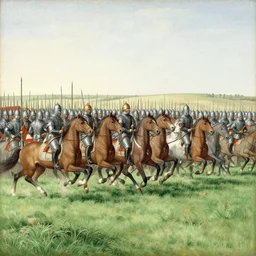 a painting of a regiment of horsemen charging into a wall of pike men on a grassy field, drawn by winchester psalter.