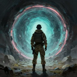 a soldiet standing in front of a portal to another dimension, art by emmanuel shiu