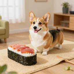 a corgi dog in a house made of sushi, photograph