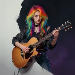 woman with rainbow coloured hair playing guitar at the edge of reality, concept art, high quality, moody, colourful