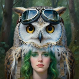 a giant owl and a woman, close up portrait, ww 2 pilot goggles, fine facial features, symmetrical, sad, blue skin, green hair, in a forrest, inspired by edward hopper and grand budapest hotel, high resolution, octane render, high detailed masterpiece painting
