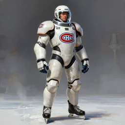 male, full body, habs ice hockey space suit with a modern helmet, large shoulders, short torso, long thin legs, tiny ice skate, stanley cup character sheet, science fiction, very stylized character design, digital painting, by mike mignola, by alex maleev, jean giraud, painted by leyendecker