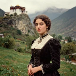 vintage portrait photo of a beautiful beautifully lit nepalese Victorian woman in a lush valley with a tibetan monastery on a rock in the background by alphonse mucha and annie leibovitz