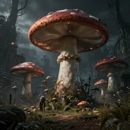 beautiful lifelike dark gritty photograph of a post - apocalyptic mushroom kingdom. beautiful perfectly shaded cinematic lighting, epic!!!!! volumetric lighting, greg rutkowski, trending on artstation, hyper detailed, 4 k, high quality, smooth, sharp focus