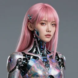 portrait of a beautiful asian woman ( ( yayaying rhatha phongam ) ) with pink hair as a cyberpunk cyborg half robot, sci - fi, missing panels, intricate abstract upper body intricate artwork, concept art, octane render, deviantart, cinematic, key art, hyperrealism, iridescent accents, portrait photograph, nikon 3 5 mm, photograph by greg rutkowski