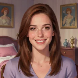 close portrait smiling ornella muti, vaporwave, bedroom, highly detailed, digital painting, artstation, concept art, smooth, sharp focus, illustration, art by artgerm and greg rutkowski and alphonse mucha