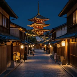 Medieval Kyoto street at night landscape, 8K, trending on artstation, golden ratio, by Jean Giraud