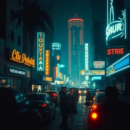 futuristic los angeles street scene, busy, dark, moody, ambient lighting, syd mead