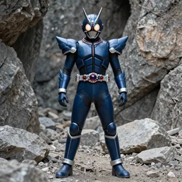 High Fantasy Kamen Rider standing in a rock quarry, full body, 4k, glowing eyes, daytime, rubber suit, dark blue segmented armor, dragon inspired armor, centered in frame, promotional picture