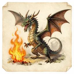 professional vintage drawing of a dragon breathing fire, parchment paper, 1 7 0 0 s, hd