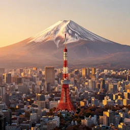 sci - fi tokyo, the shores of infinity, extra detailed. detailed mount fuji, warm colors