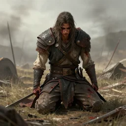 aesthetic digital illustration of a defeated warrior kneeling on the battlefield, by anne stokes | dirty and bloody, character concept, concept art, unreal engine, finalrender, deviantart, artgerm
