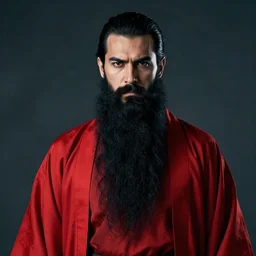 a man with a long black beard in a red robe, portrait, realism, cyberpunk, manly beard